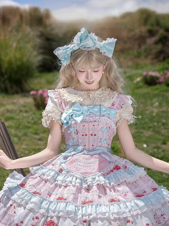 Pink Blue Lace Trimmed Bow Sweet Lolita KC - Strawberry Fantasy