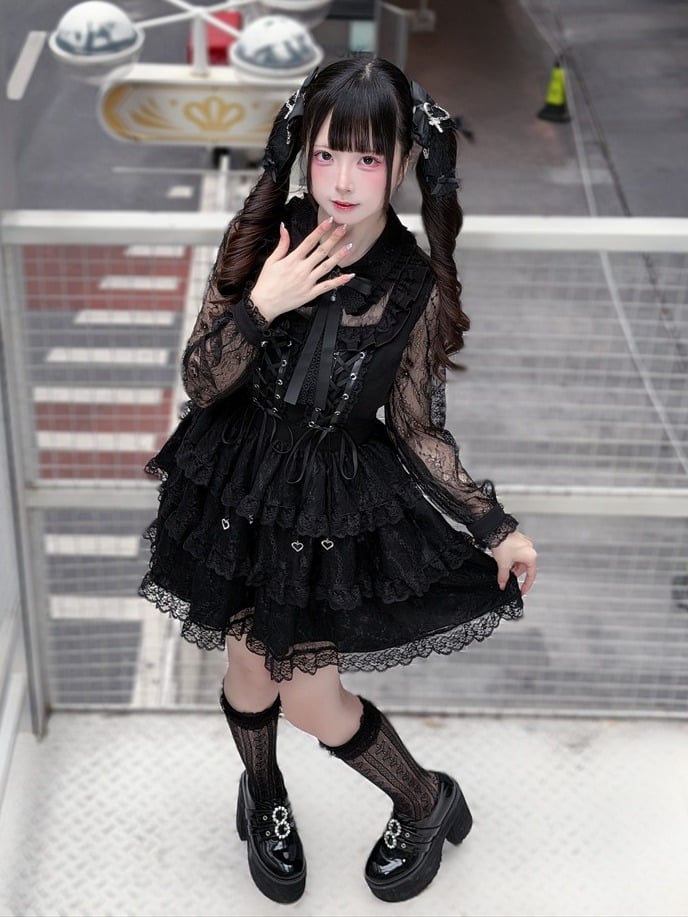 Black Lace Tiered Ruffle Dress with Bow Accents - Puppet Bombs