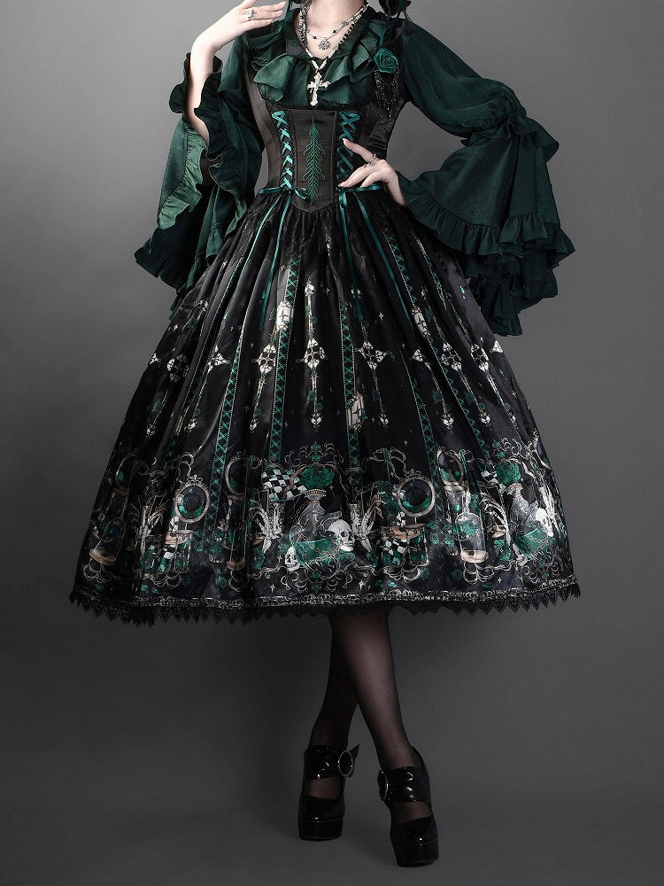 Green Rosette and Skull Print Gothic Lolita Corset Under Bust JSK Dress - Sweetheart Love Song