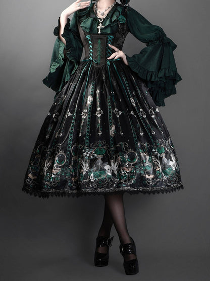 Green Rosette and Skull Print Gothic Lolita Corset Under Bust JSK Dress - Sweetheart Love Song