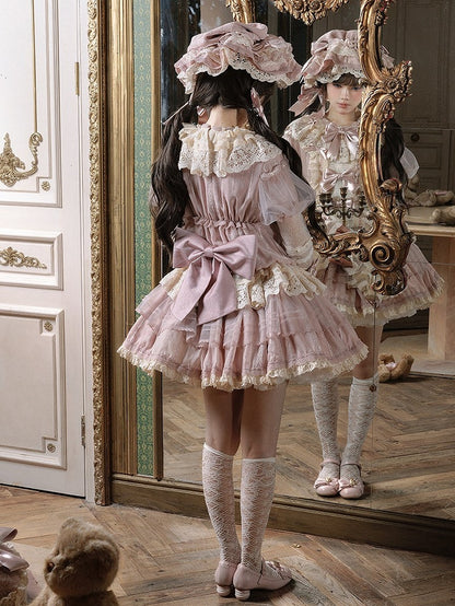 Sleeves Puff Pink with Waist Bow Dress and Sweet Beige Low Lolita Accents