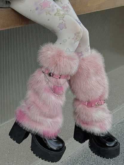 Rosa/Staubblau/Gelb Y2K Schnallenriemen Shaggy Beinwärmer