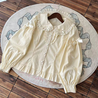 Blouse Ruffled Bow Apricot with Decorations Long-Sleeve