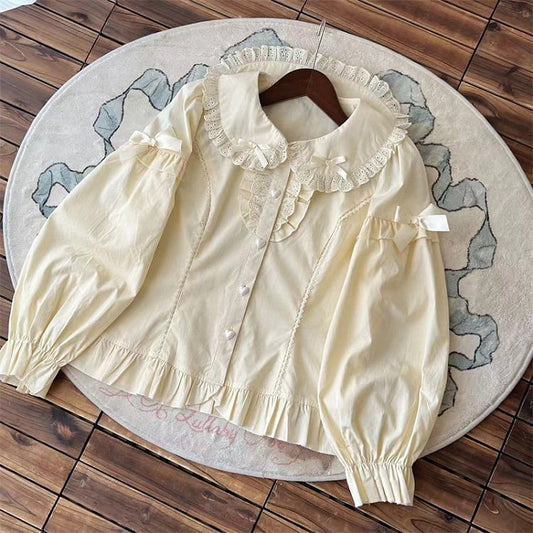 Blouse Ruffled Bow Apricot with Decorations Long-Sleeve