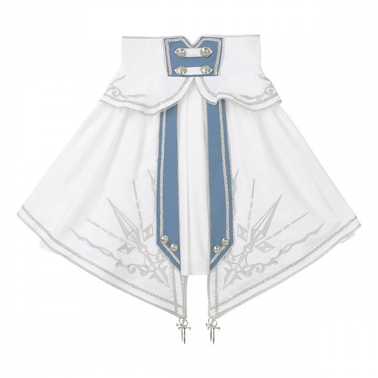 Military Lolita 3-Piece Set with Corset Belt – Top, Skirt and Belt, White and Blue (Xiong Dou Jiang)