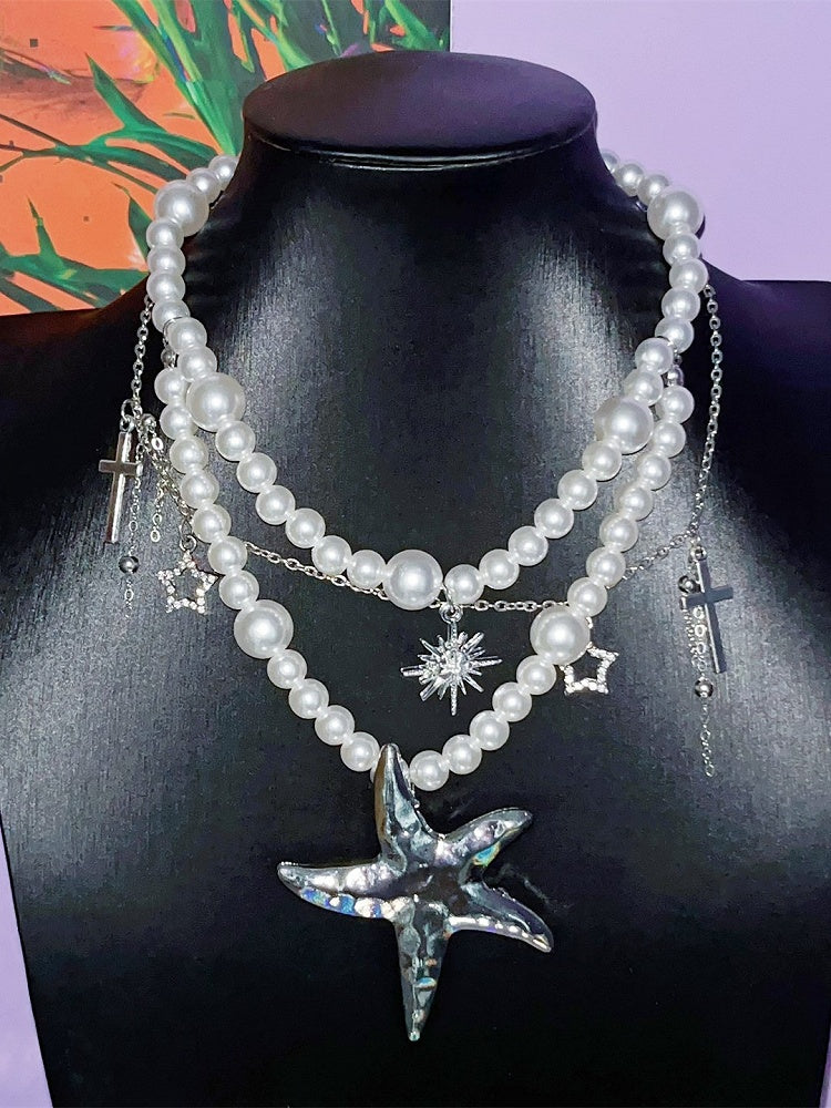 Cross Starfish And Chain Y2K Charms With Pearl Necklace Silver Meteor