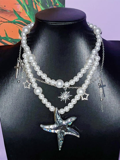 Cross Starfish And Chain Y2K Charms With Pearl Necklace Silver Meteor