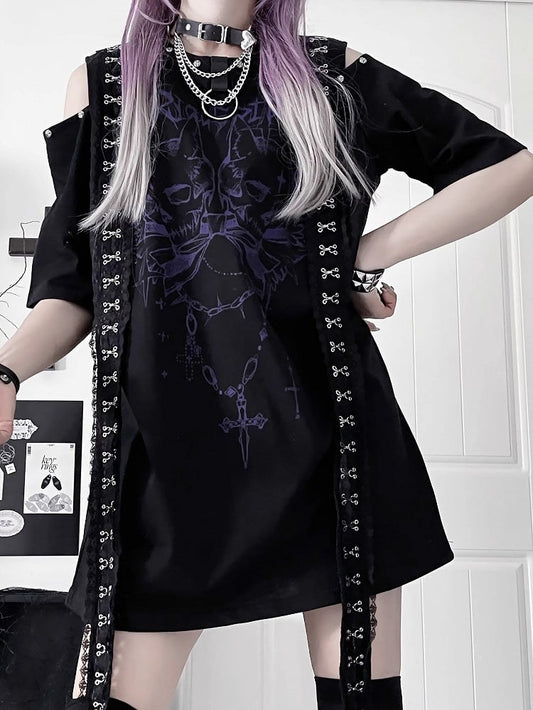 Cutout Punk T-shirt Shoulder Design Emo BlackPurple