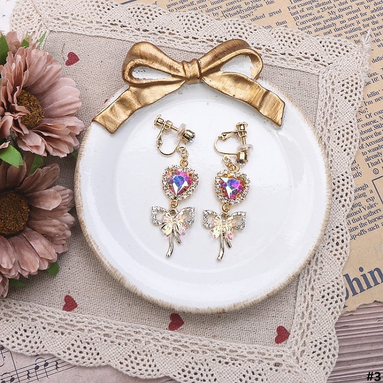 Jirai Heart Butterfly Rhinestone Options 3 Color Kei Earrings