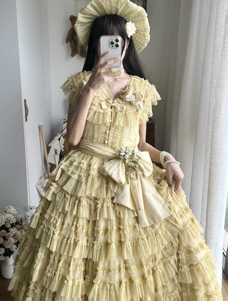 Belt Tulle Yellow Mesh Waist Set - Elegant Skirt + Lolita Vest Cotton Dotted Multi-layered Classic