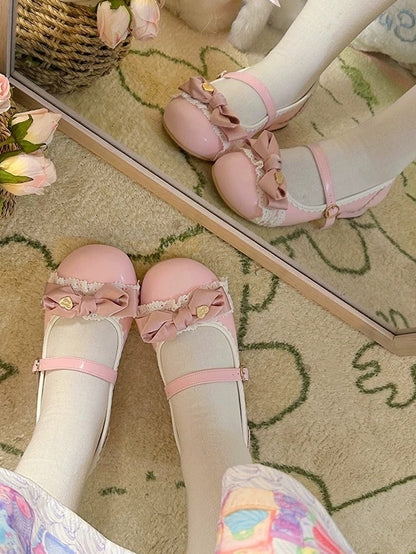 Elegant Lolita Light Pink Mary Janes - Heart-Embellished Bow with Lace Trim & Scalloped Edge