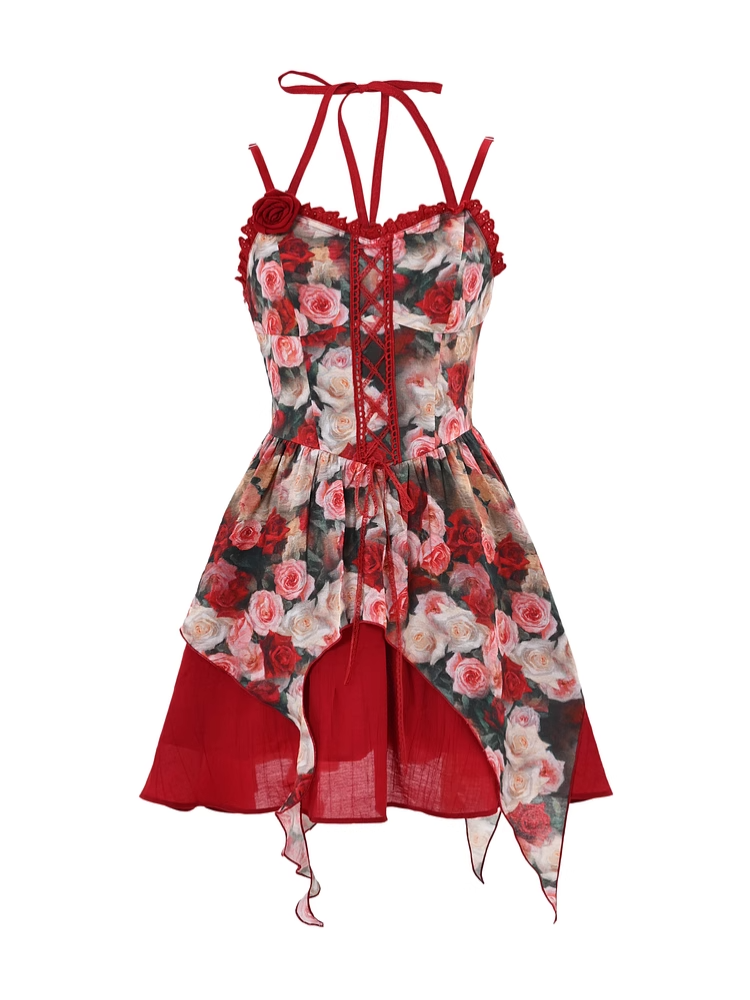 Front Red Rosette Print Cascading Ruffles Lace-up Cami Dress