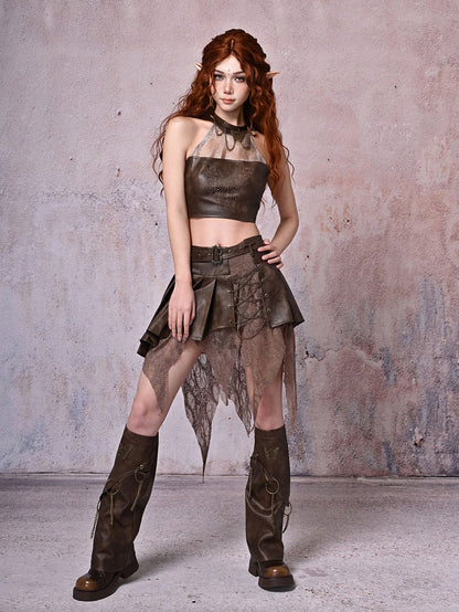 Brown Wasteland Punk Butterflies PU Leg and Warmers Chains