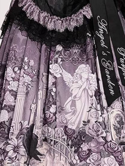 Black Floral with Lace Skirt Purple Lolita Elegant Trim Classic Print