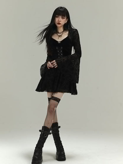 Gothic Black Lace Bell Sleeves Thigh-length Dress with Lace-up Detail