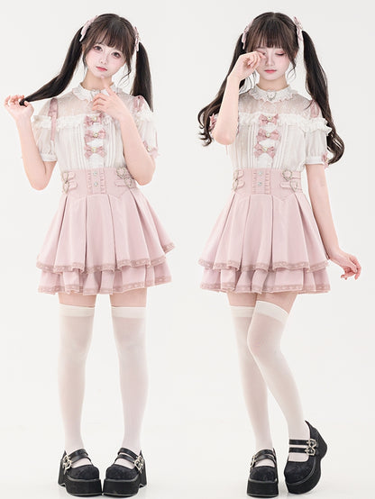 蝶結びのショート丈ジライラインストーンシャツプリーツピンクのディテール袖装飾ケイハート