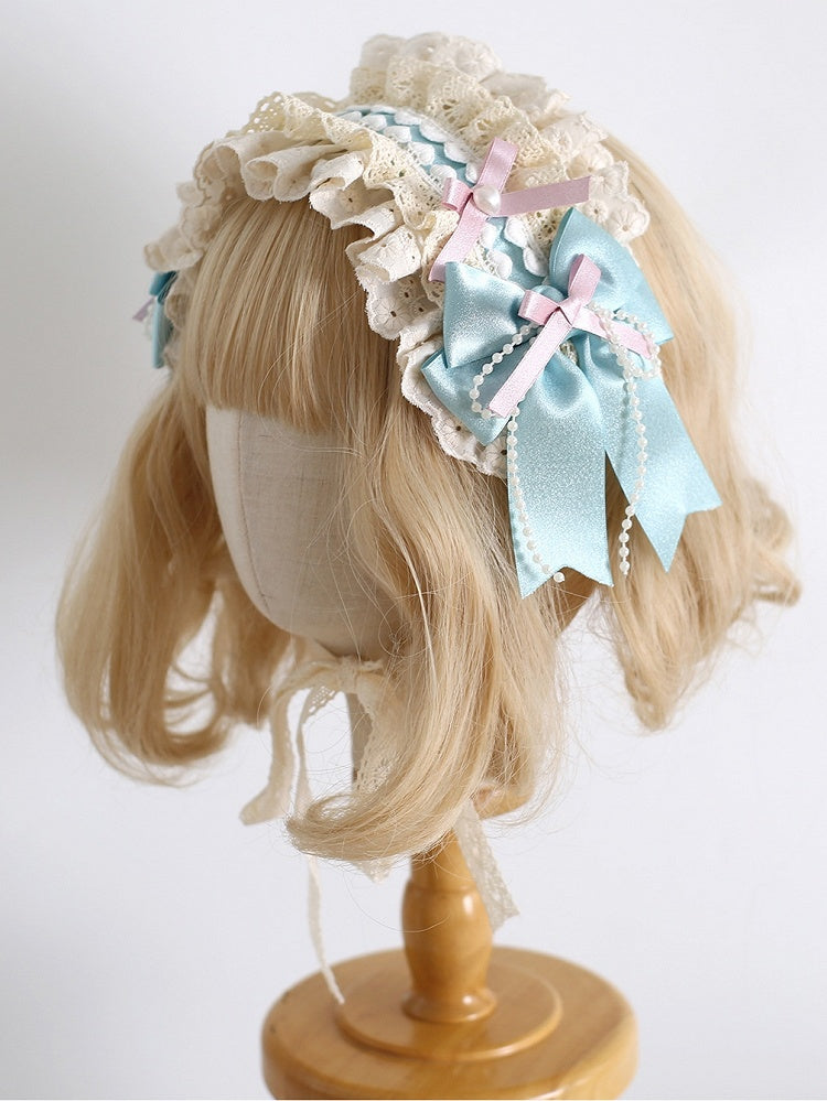 Bowknot Ruffled Beaded Sweet Lolita Hairband Details PinkBlue Decorated