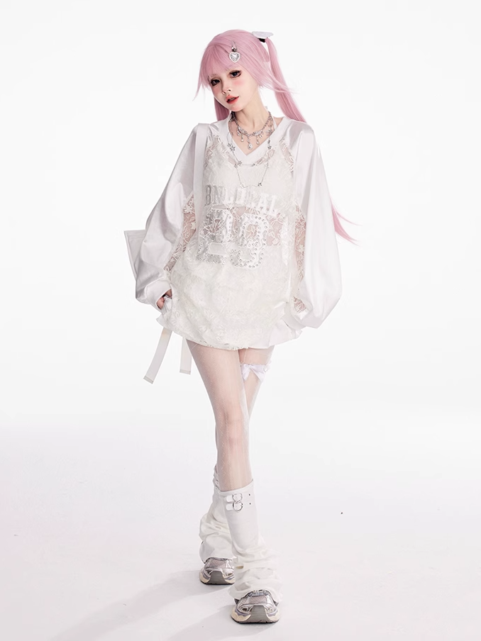 Sweatshirt Weiß V-Ausschnitt Kontrast Spitze Patches Nummer Applikation Sommer