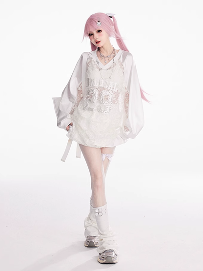 Sweatshirt Weiß V-Ausschnitt Kontrast Spitze Patches Nummer Applikation Sommer