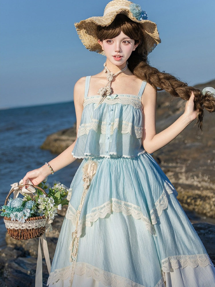 Blue Summer Set: Sleeveless Top, Skirt, Brooch & Hat - With PUJI