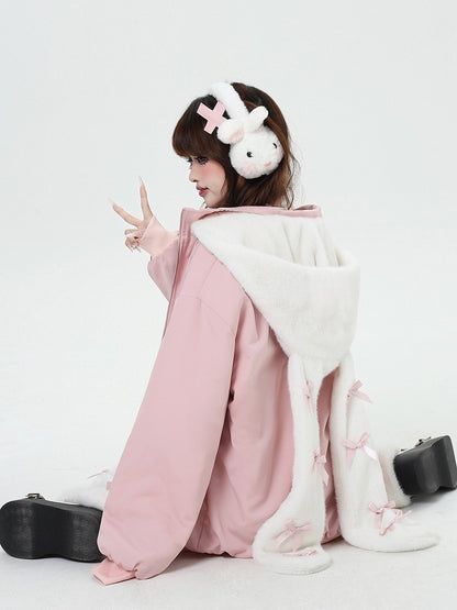 Print Ear Jacket with Hood Detachable Graffiti Thick Bunny Pink