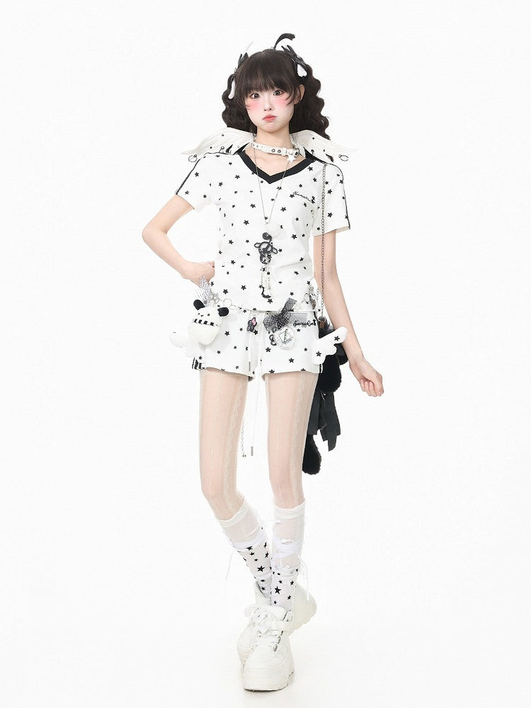 White Star Print V-Neck Tee with Wing Back Design - Languid Park
