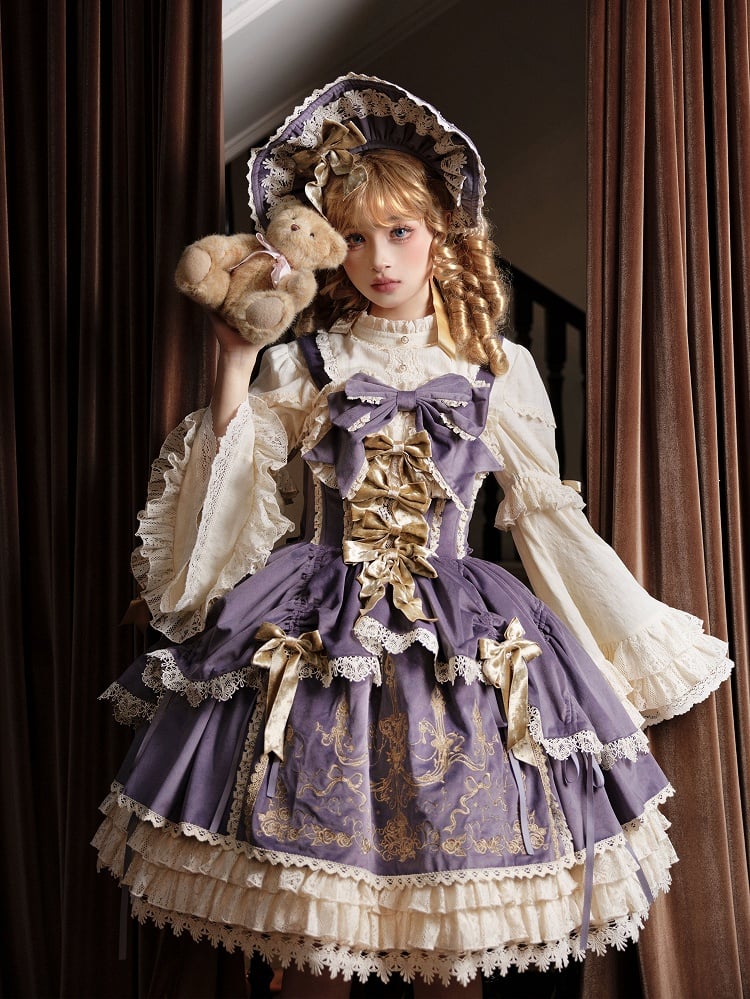 Samtkleid Kerze JSK Dekoration Lolita Lila Stickerei Schleifen