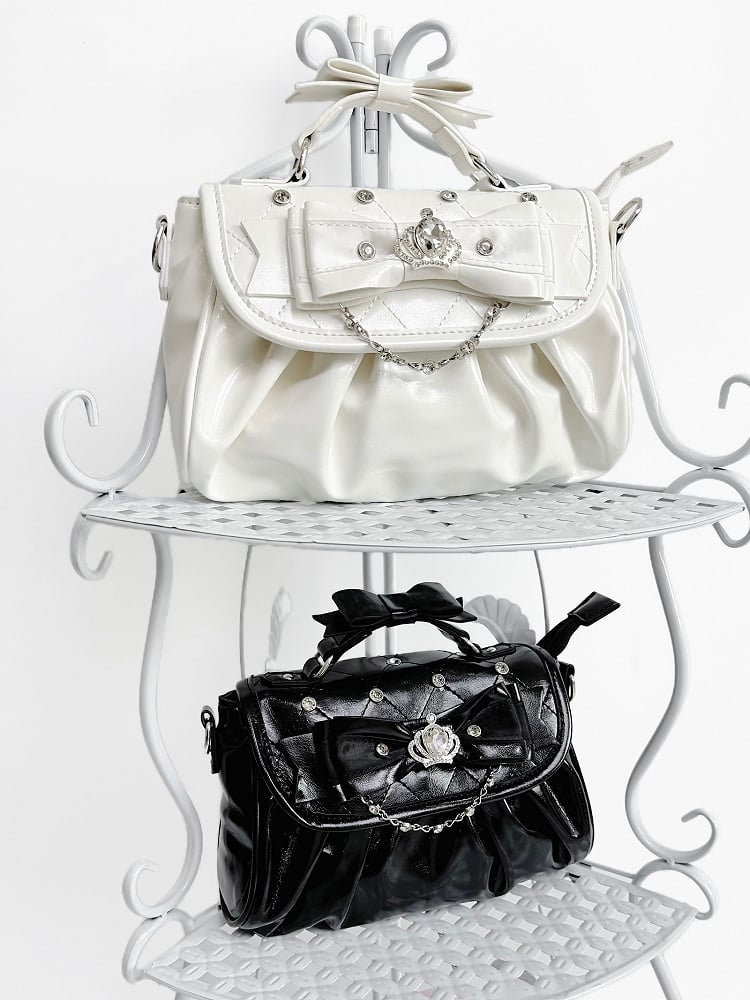 Hand/Crossbody Kei Rhinestone Detachable White Accent Bag Crown-Embellished Strap Bow in Jirai
