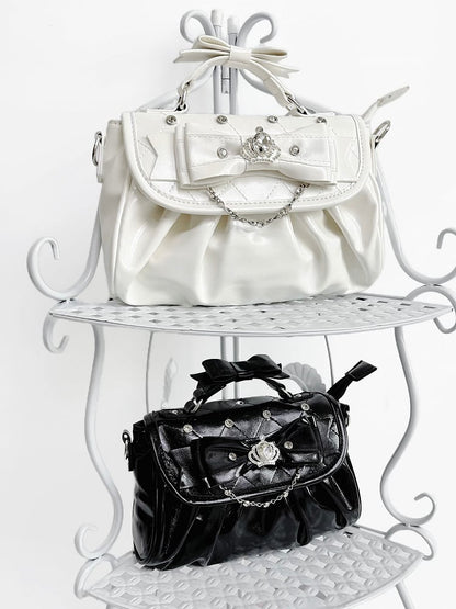 Hand/Crossbody Kei Rhinestone Detachable White Accent Bag Crown-Embellished Strap Bow in Jirai