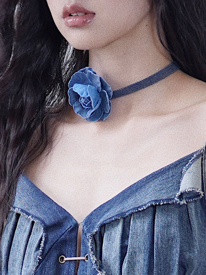 Blue Denim Rose Choker with Metal Chain Detail