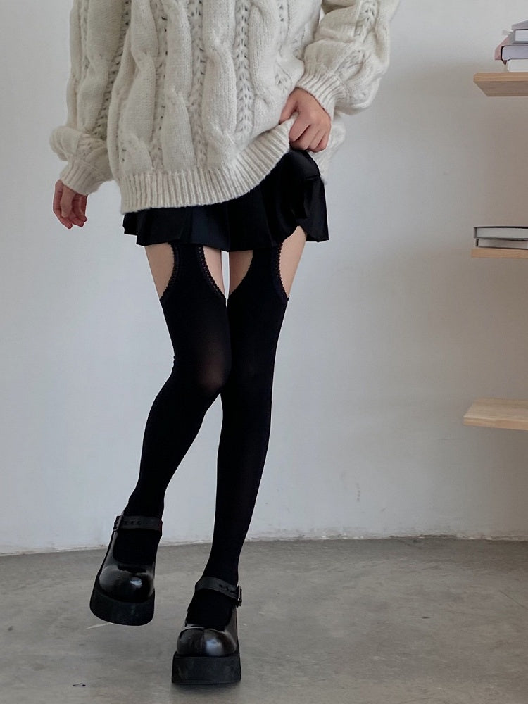 Cutout Lace with Tights Trimmed Black/White Design Velvet