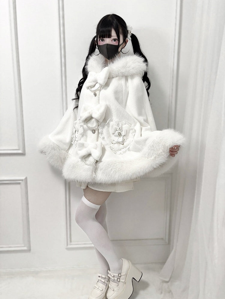Hooded Bow with Decor Bead Kei White Cape Furry Chain Jirai