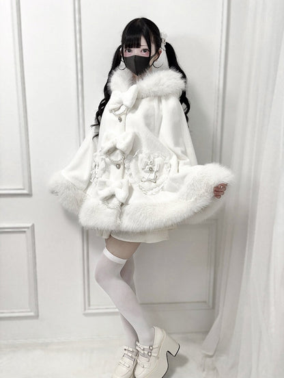 Hooded Bow with Decor Bead Kei White Cape Furry Chain Jirai