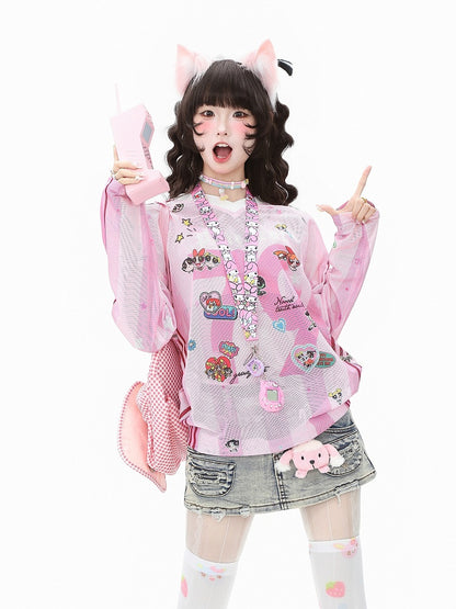 with Striped Sleeve Print Cartoon Long Top Purple/Pink Breathable