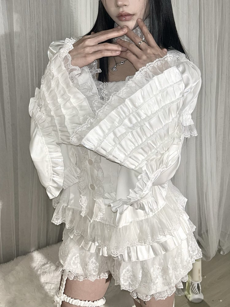 Cuff Detachable Tiered Six-Layer Lace Ruffles with Sleeves White Bell Trimmed Elastic