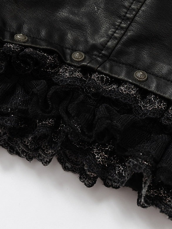 Black Faux Leather Shorts with Lace Trimmed Hems - NO ROMANCE