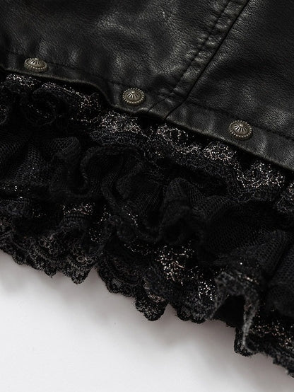 Black Faux Leather Shorts with Lace Trimmed Hems - NO ROMANCE