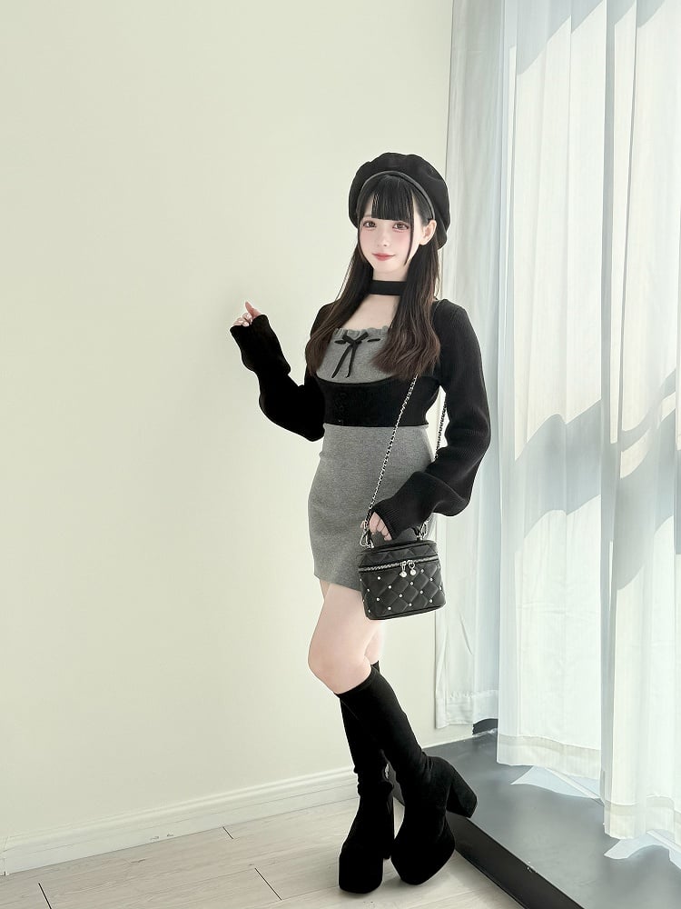 Set: Gray Top Two-Piece Slip Dress Underbust Refined Jirai with Kei Black