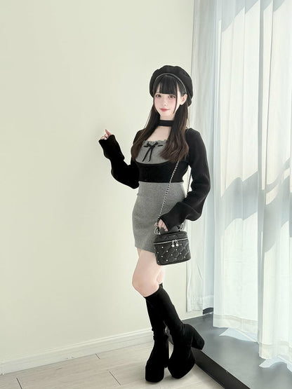 Set: Gray Top Two-Piece Slip Dress Underbust Refined Jirai with Kei Black