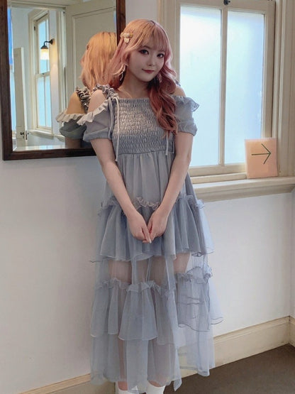 Dusty Blue Puff-Sleeve Dress with Tiered Tulle Hem - Smyster