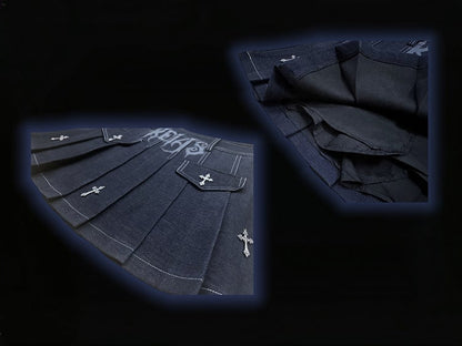 Y2K ダークブルー文字 クロスチャーム パンクロック デニム プリーツスカート