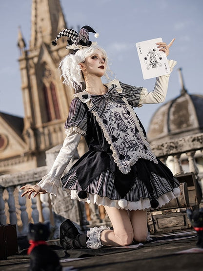 Lolita Panel OP Juliette + Belt Clowncore Stripes Bow Waist Dress Black - Sleeves KC Printed Detachable Set