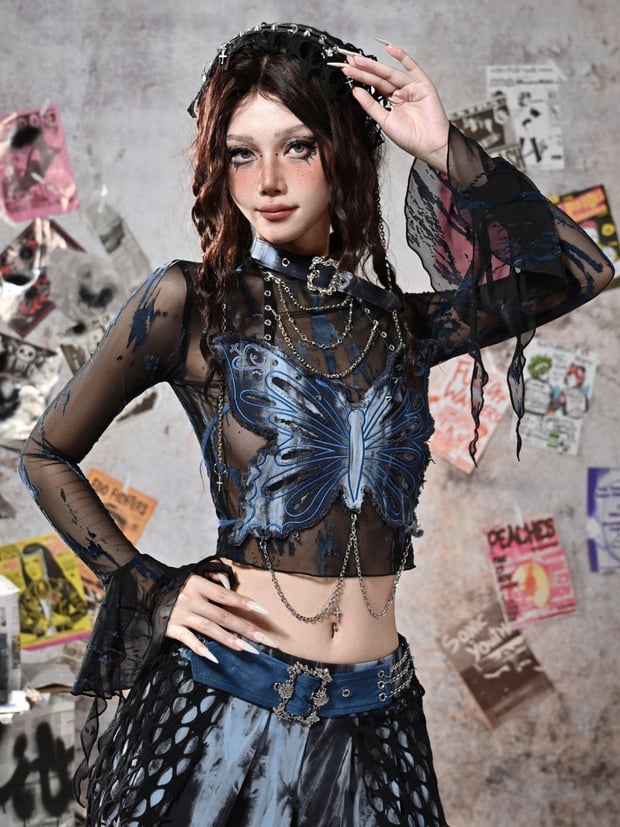 Grunge Punk Rock Fairycore Blau und Schwarz Glockenärmel Mesh Top