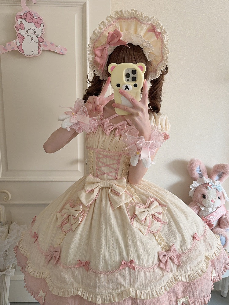 Scalloped Edge Scool Lolita Cotton Yellow Skirt Accents Pink Dress and Bow Old Trim