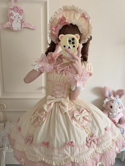 Scalloped Edge Scool Lolita Cotton Yellow Skirt Accents Pink Dress and Bow Old Trim
