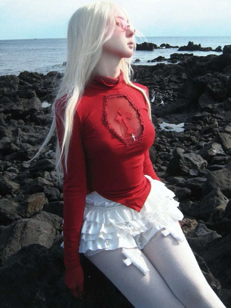 Gothic White Cross Charms Tiered Ruffles Satin Skort