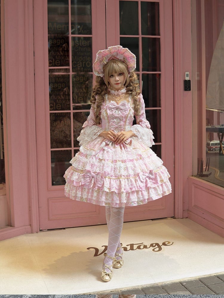with Accents Floral Sleeves Print Lolita Dress Bow Lace Bell and Trim Pink OP