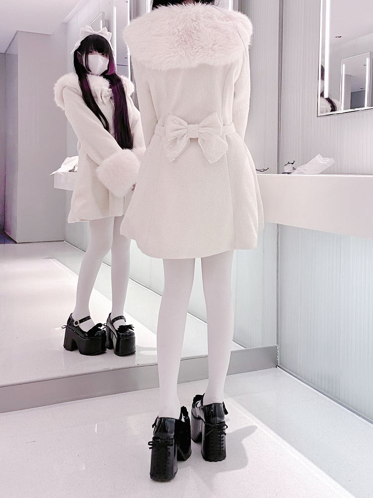 Faux Fur Detachable Coat Waisted Kei Black/Beige Collar with and Cuffs Jirai