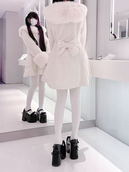 Faux Fur Detachable Coat Waisted Kei Black/Beige Collar with and Cuffs Jirai