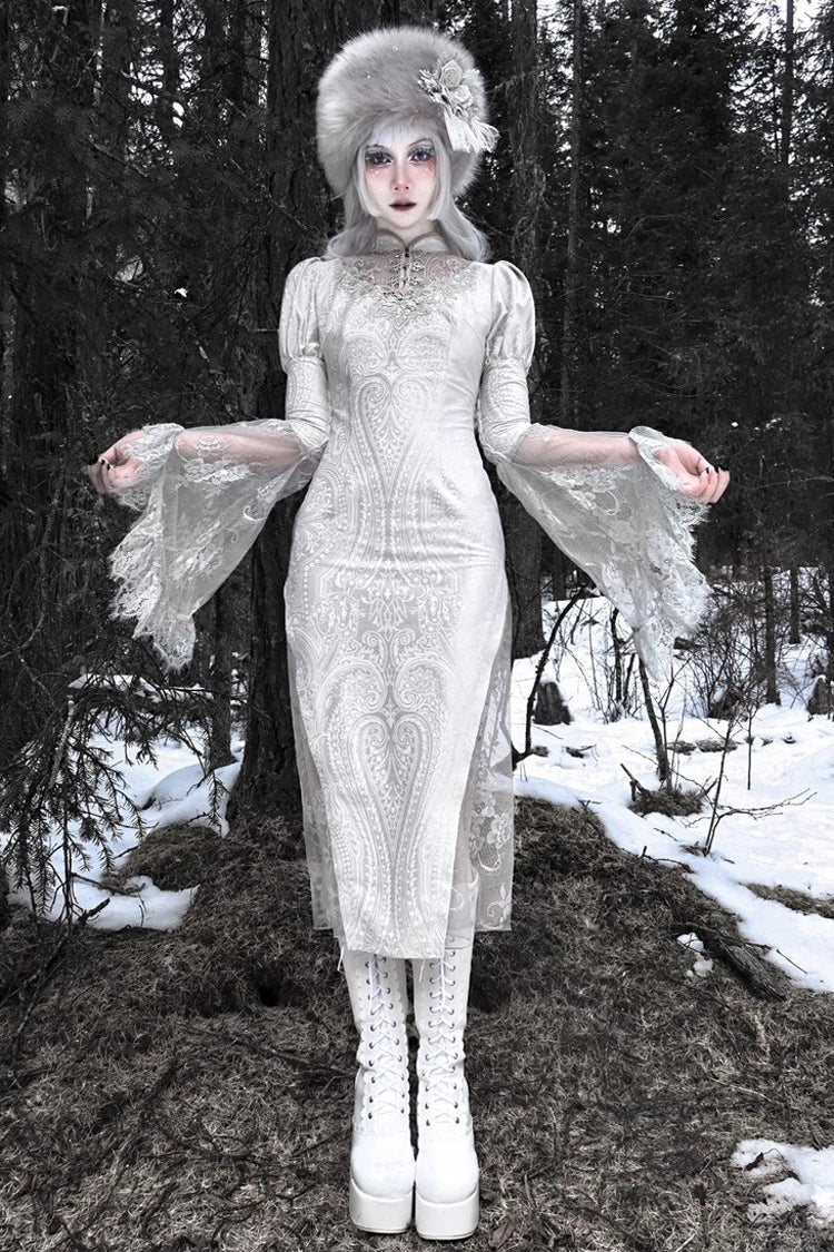 Silver V-Neck Long Sleeves High-Waisted Ruffle Lace Gothic Fishtail Dress
